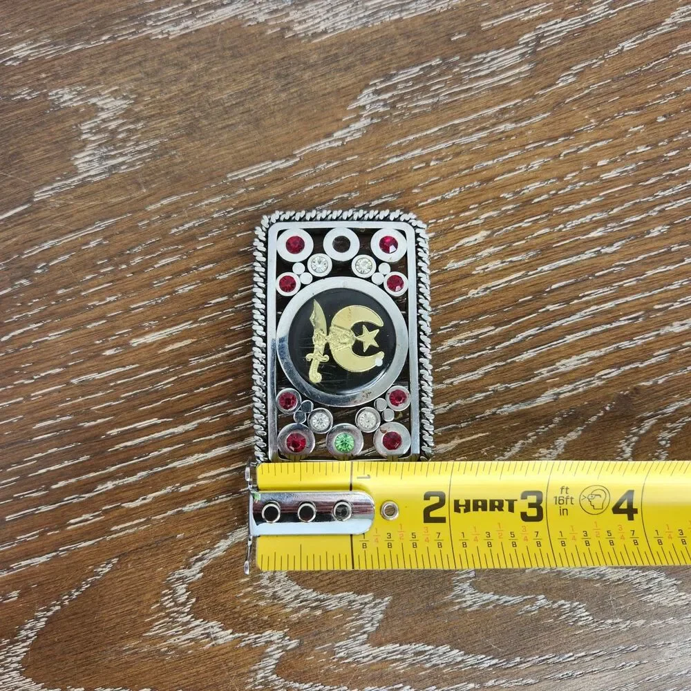 Vintage Rhinestone Black Enamel Inlay Shriners Masonic Silver Tone Belt Buckle